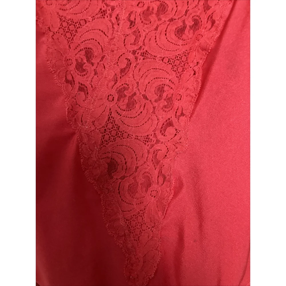 Vintage 70s Red Shiny Satin Second Skin Teddy Deep-V Lace Trim Straps Bodysuit S - Picture 7 of 11